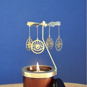 Carrousel pour bougie Protection Divine Omsaé doré, orné d’yeux protecteurs et d’étoiles, décoration spirituelle et feng shui pour diffuser des énergies bienveillantes et protectrices dans la maison