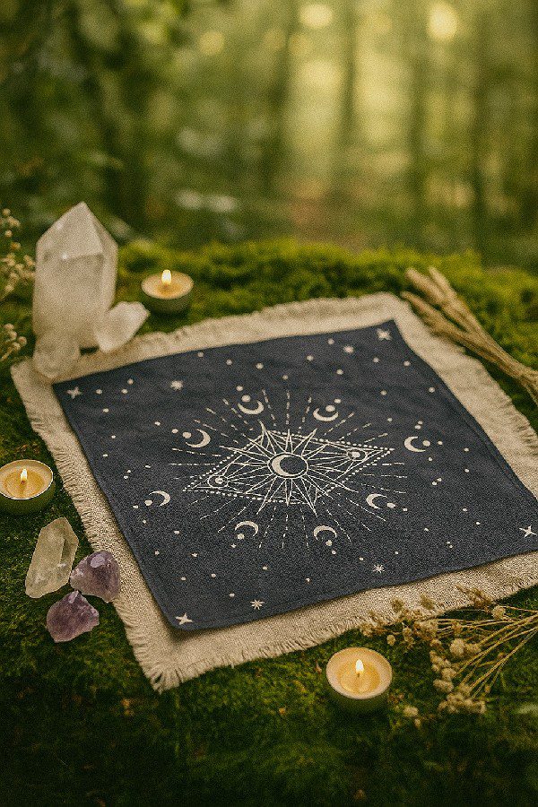 Nappe de divination 60x60cm Bleue Broderie Argentée