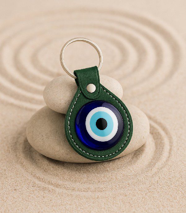 Porte Clé Oeil de nazar En Cuir vert
