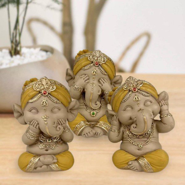 Statuettes Ganesh Sagesse – Lot de 3 – Déco Zen Feng Shu